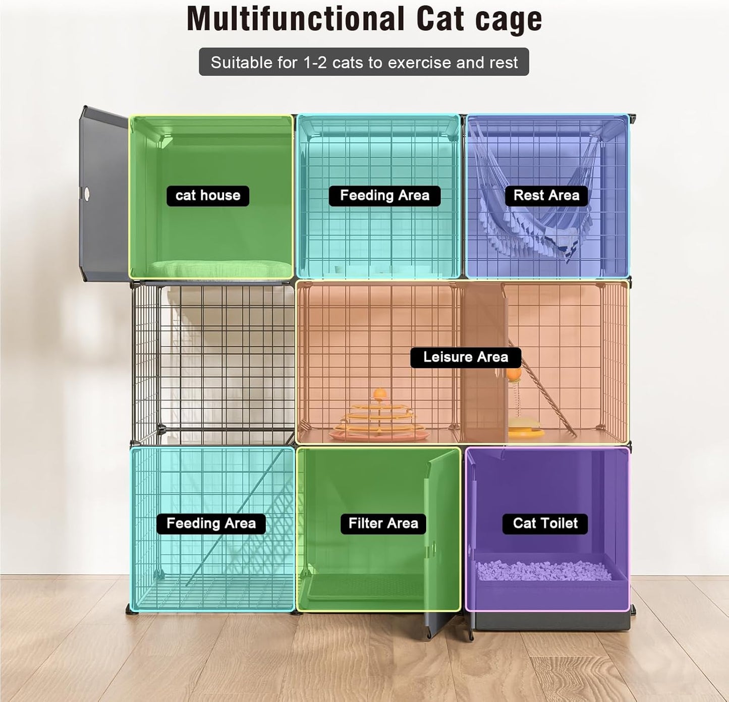 3-Tier Large Cat Enclosure Indoor & Outdoor with Litter Box, Detachable Multifunctional Catio Playpen - DIY Metal Wire Kennel Cage for Cats