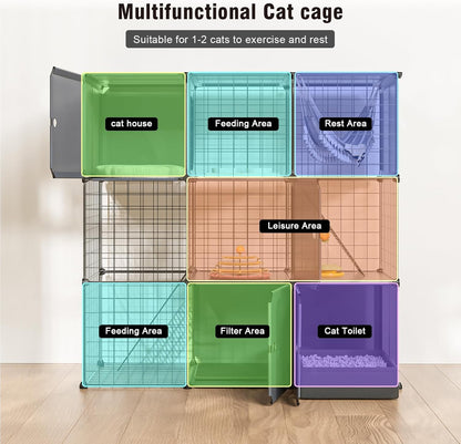 3-Tier Large Cat Enclosure Indoor & Outdoor with Litter Box, Detachable Multifunctional Catio Playpen - DIY Metal Wire Kennel Cage for Cats