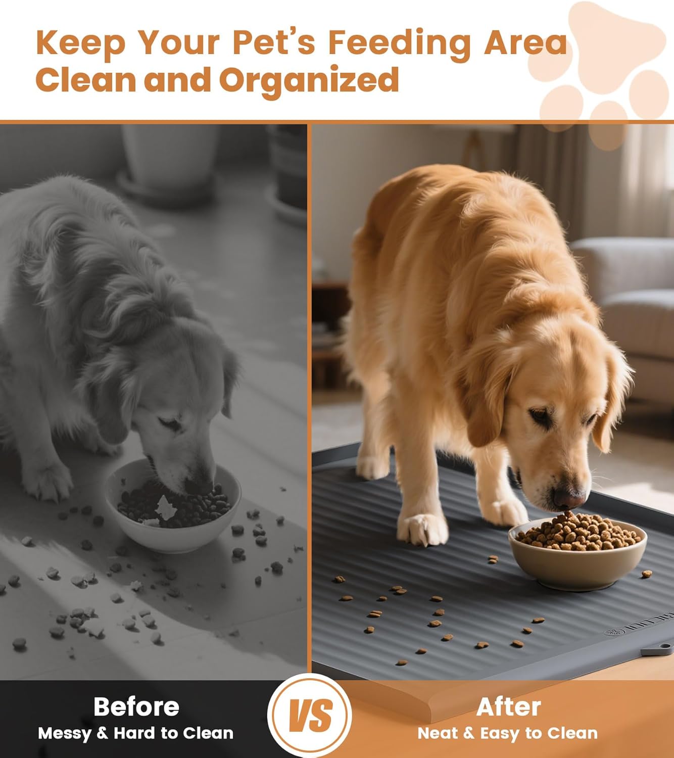 Dog Food Mat 36"x24", Waterproof Pet Feeding Mat with Diversion Grooves and Raised Edges, Large Non-Slip Dog Bowl Mat for Food and Water, Cat Food Mat for Floors, Easy to Clean, Grey