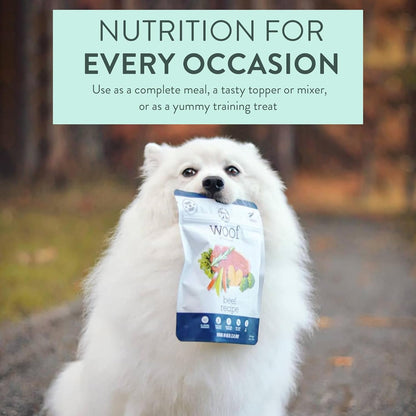 WOOF Freeze Dried & Air Dried Dog Food Bundle - Beef Recipe (9.9 oz Freeze Dried & 3.5 oz Air Dried), High Protein Dog Food, Topper, Mixer, or Treat, All Life Stages