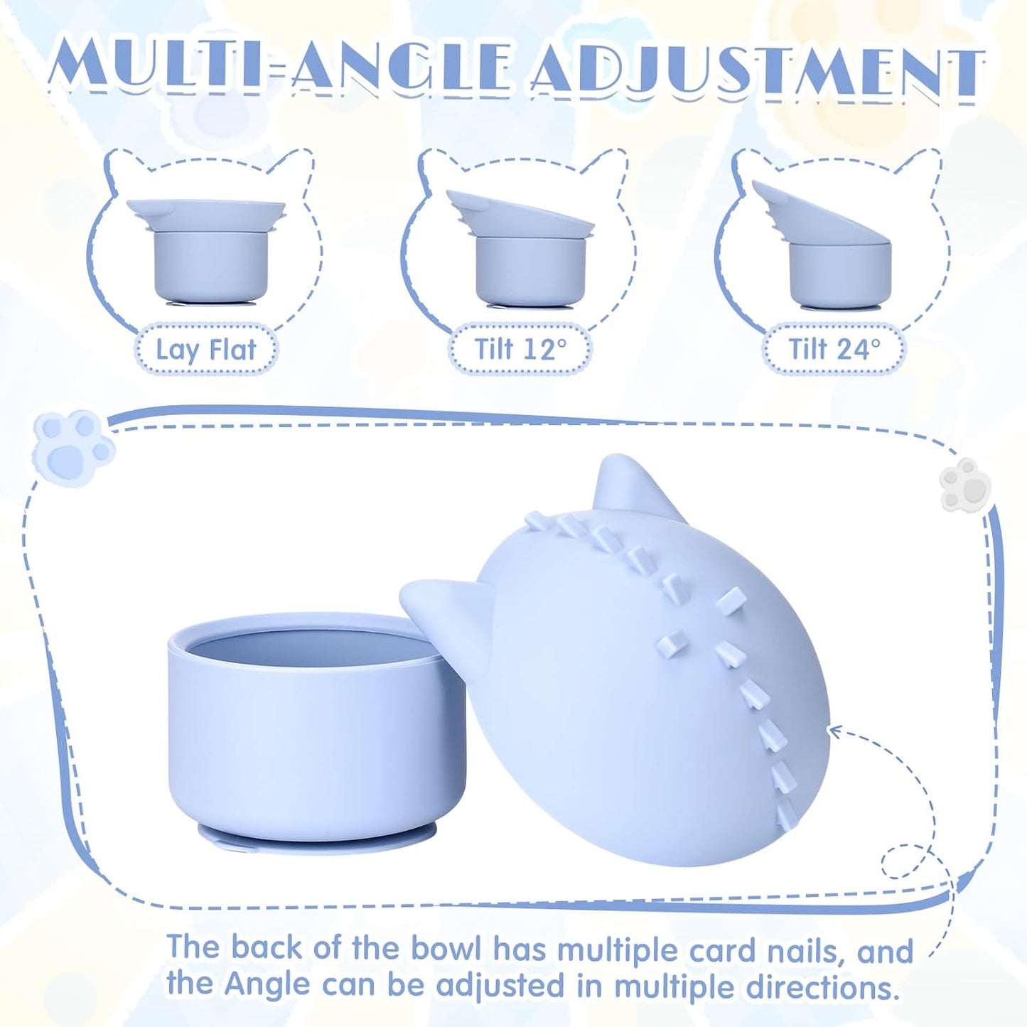 2 Pack Silicone Cat Slow Feeder, Elevated Slow Feeder Cat Bowl for Dry and Wet Food, Tilted Design with Non Slip Base, Adjustable Angle for Pet(Gray and Blue)