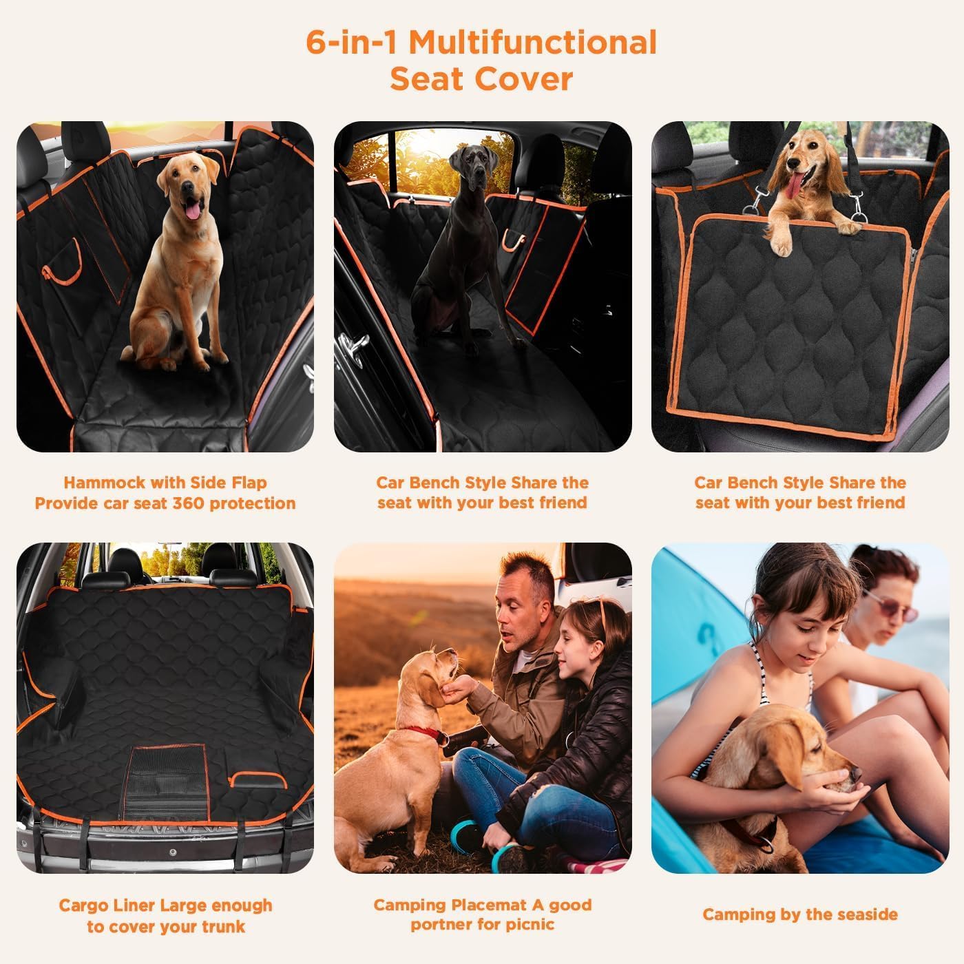 Waterproof Dog Car Seat Cover, Black with Orange Trim, Universal Size Back Seat Protector with Mesh Window, Storage Pocket, Side Flaps for Car, Truck, SUV