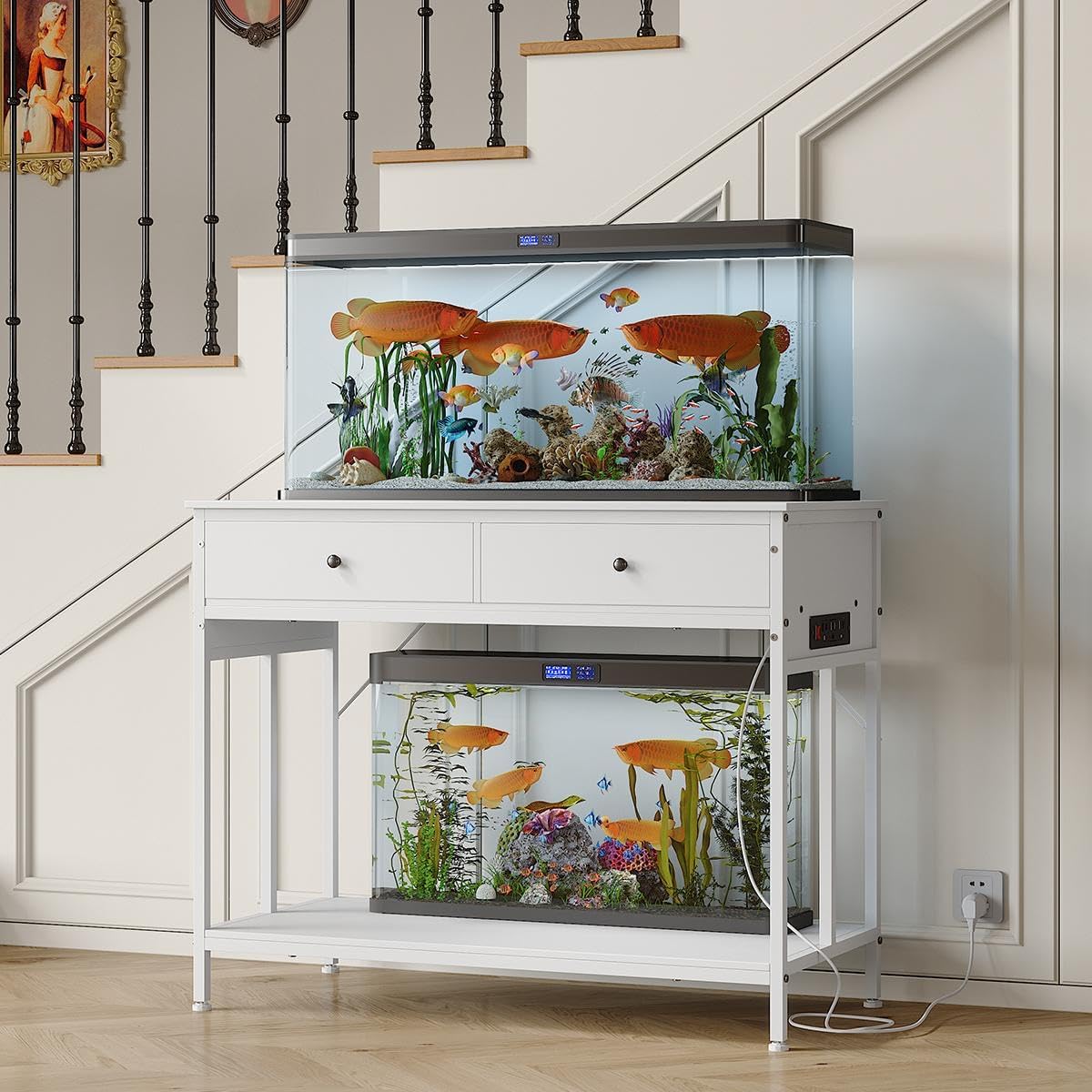 40-50 Gallon Fish Tank Stand with Outlets, 2 Aquarium Reptile Tank Stand with Storage Drawers, Height Adjustable Feet, 660LBS Capacity White