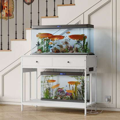 40-50 Gallon Fish Tank Stand with Outlets, 2 Aquarium Reptile Tank Stand with Storage Drawers, Height Adjustable Feet, 660LBS Capacity White