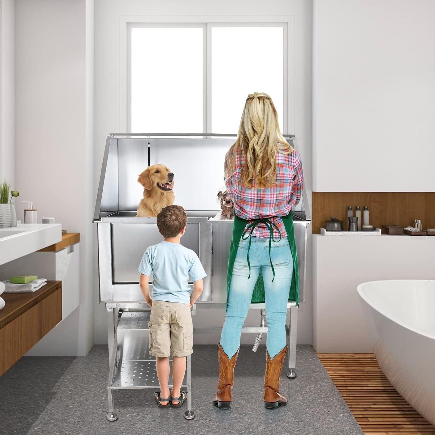 Towallmark 50" Dog Grooming Bathing Station, Professional Stainless Steel Pet Grooming Tub w/Removable Ramp, Storage Drawer, Floor Grate, Stairs Faucet, Dog Bathtub for Large, Medium & Small Pets