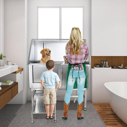 Towallmark 50" Dog Grooming Bathing Station, Professional Stainless Steel Pet Grooming Tub w/Removable Ramp, Storage Drawer, Floor Grate, Stairs Faucet, Dog Bathtub for Large, Medium & Small Pets