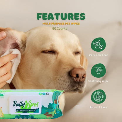 BASIL - Pet Grooming Wipes – 80 Count (8″ × 8″) | Aloe Vera, Vitamin E & Castor Oil Infused | Multi-Purpose Wipes for Dogs, Cats & Puppies | Cleans Paws, Ears, Mouth & Butt | Lemon Scent, Paraben-Free