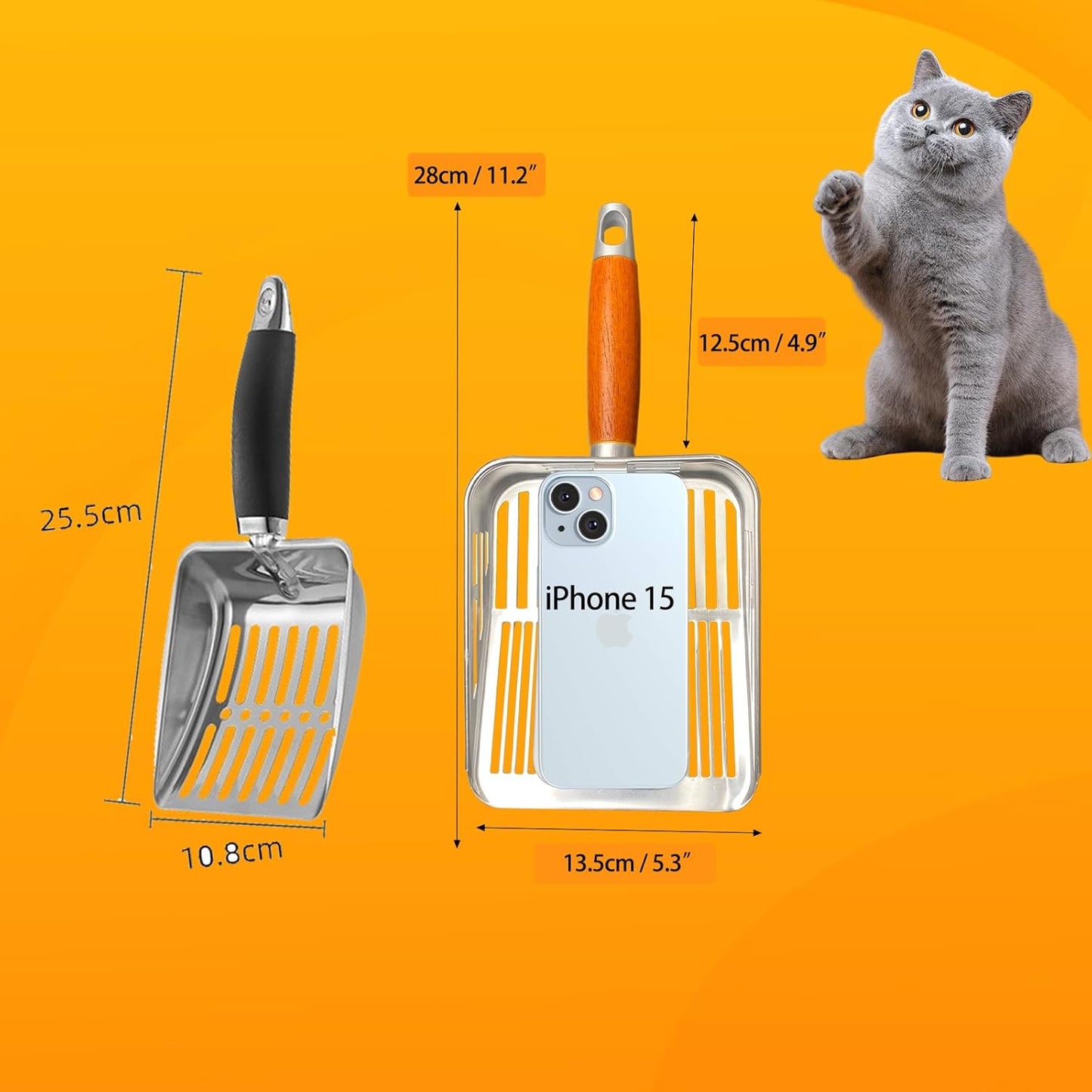 304 Stainless Steel Cat Litter Scoop, One-Piece Pressed Design with No Weld Spots, Durable Anti-Break Handle, Dual Slot Sizes, Easy to Clean, Filters Small Litter Clumps Litter Scoop