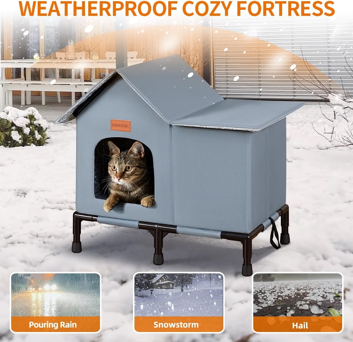 Insulated Outdoor Cat House Weatherproof Winter Feral Cat Shelter Elevated Bottom Self-Warming Predator-Proof Design for Stray & Indoor Cats (Grey, Large)