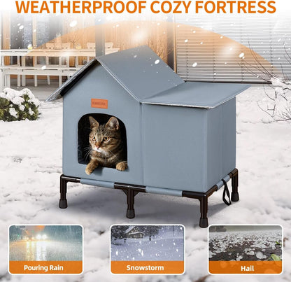 Insulated Outdoor Cat House Weatherproof Winter Feral Cat Shelter Elevated Bottom Self-Warming Predator-Proof Design for Stray & Indoor Cats (Grey, Large)