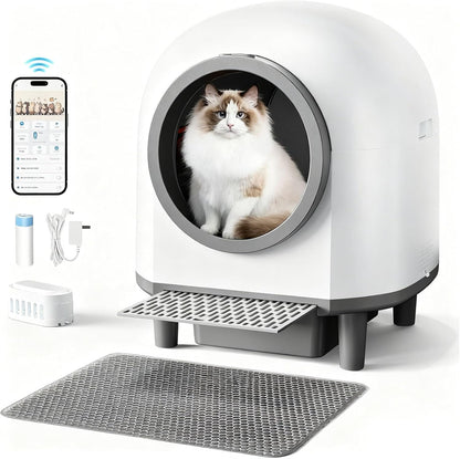 Self Cleaing Litter Box for Multiple Cats, 88L Large Smart Automatic Cat Litter Box with App Control, Health Monitoring, Integrated Safety Sensors, Odor Removal, Mat, Liners (White)