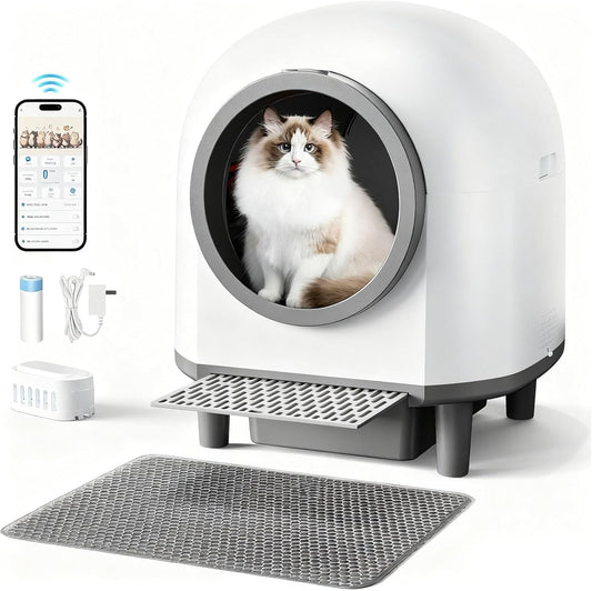 Self Cleaing Litter Box for Multiple Cats, 88L Large Smart Automatic Cat Litter Box with App Control, Health Monitoring, Integrated Safety Sensors, Odor Removal, Mat, Liners (White)