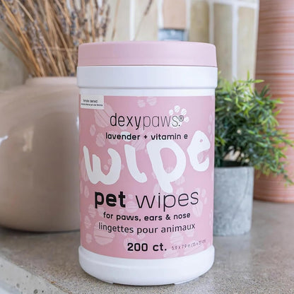 Dexypaws: Pet Wipes - Lavender & Vitamin E - 200ct Canister Cleansing Wet Wipes, Cats & Dogs Grooming Care, Paws-Face-Ears-Nose, Moist-Gentle-Portable