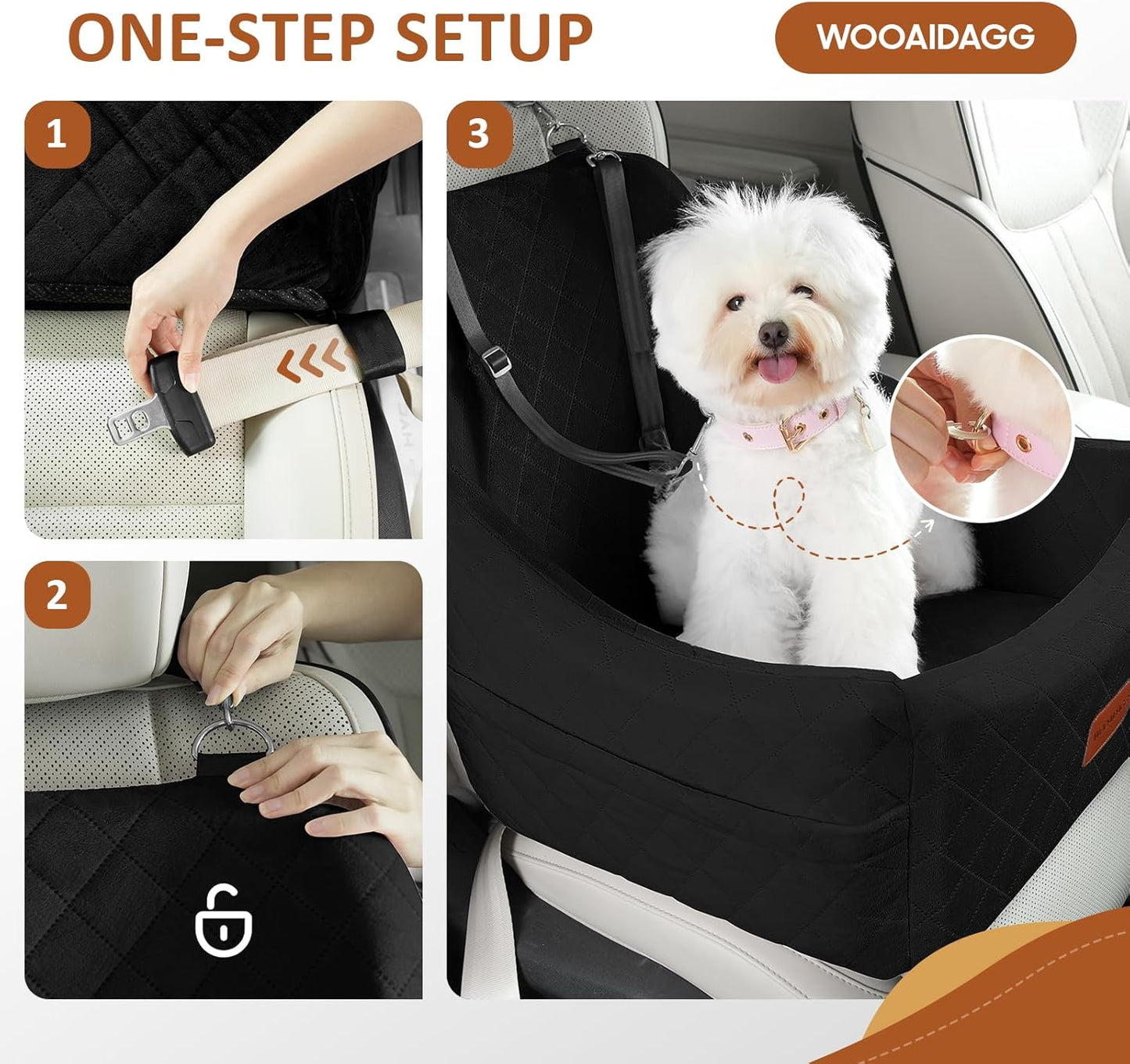 Dog Car Seat for Medium Sized Dog,Pet Travel Car Bed with Seat Belt Channle,Fully Detachable and Washable Car Dog Seat with Adjustable Straps,3 Straps Easy to Install (Black)