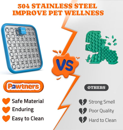 Lick Mat for Dogs & Cats, Stainless Steel Pet Slow Feeder for Crate Boredom & Anxiety Reduce, Cat Licking Pads with Spatula & Scrubbing Brush, Blue