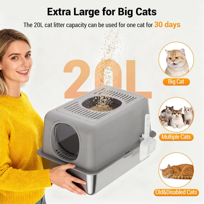 Extra Large Stainless Steel Cat Litter Box with Lid – Fully Enclosed, High Sides, Dual Entry (Front & Top), Odor-Resistant, Anti-Leakage, Easy to Clean, Non-Stick, Includes Scoop, Durable Metal Tray