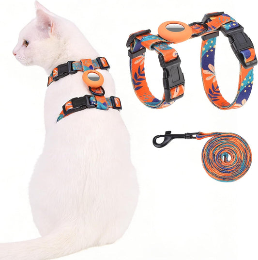 Cat Harness and Leash Set with Airtag Holder for Walking & Travelling, Escape Proof Cat Harness for Small Medium Large Kitten, Adjustable Lightweight Soft Cat Vests(Orange Print)