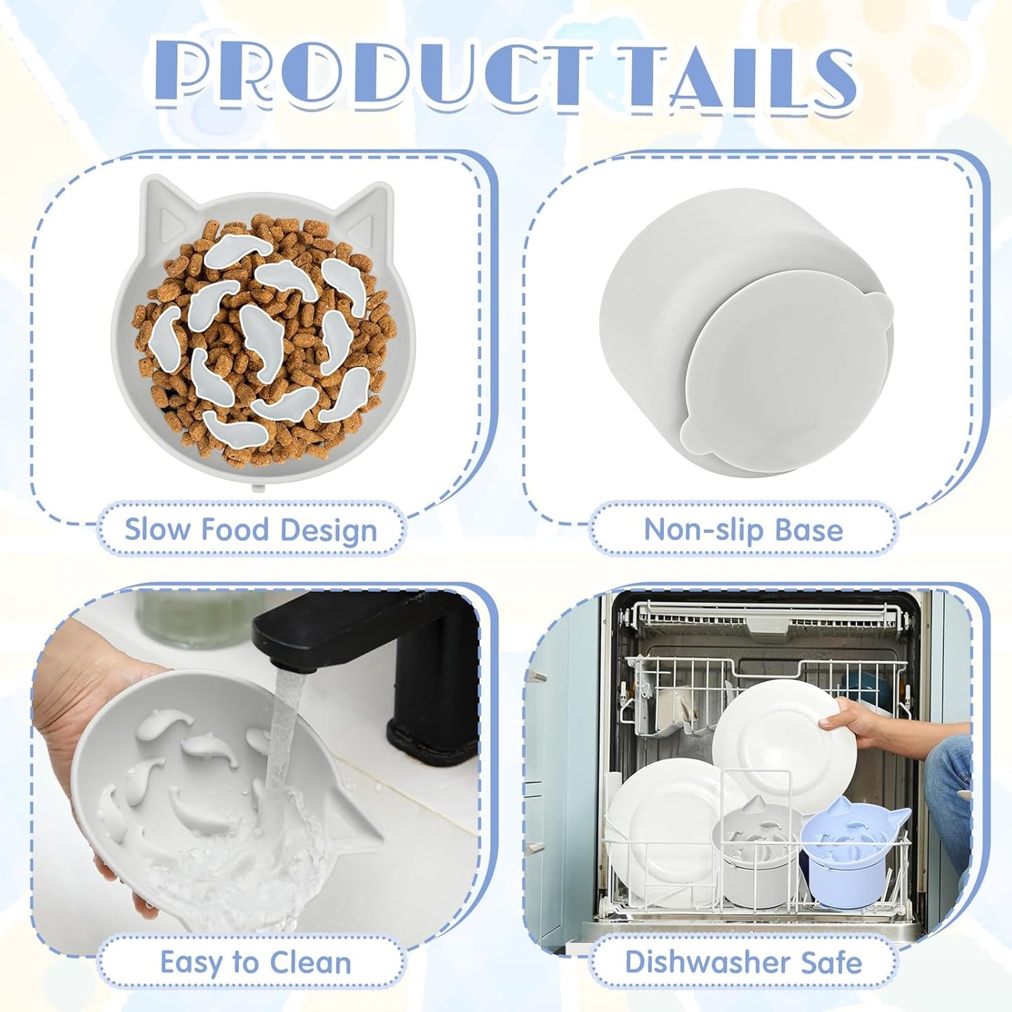 2 Pack Silicone Cat Slow Feeder, Elevated Slow Feeder Cat Bowl for Dry and Wet Food, Tilted Design with Non Slip Base, Adjustable Angle for Pet(Gray and Blue)