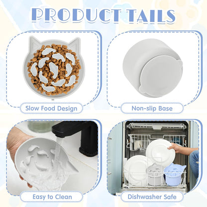 2 Pack Silicone Cat Slow Feeder, Elevated Slow Feeder Cat Bowl for Dry and Wet Food, Tilted Design with Non Slip Base, Adjustable Angle for Pet(Gray and Blue)