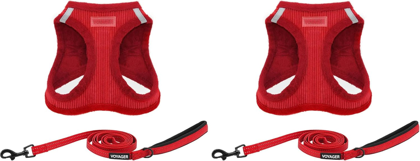 Voyager Step-in Plush Dog Harness – Soft Plush, Step in Vest Harness for Small and Medium Dogs by Best Pet Supplies - Red Corduroy (Leash Bundle), S (Chest: 14.5-16") (Pack of 2)