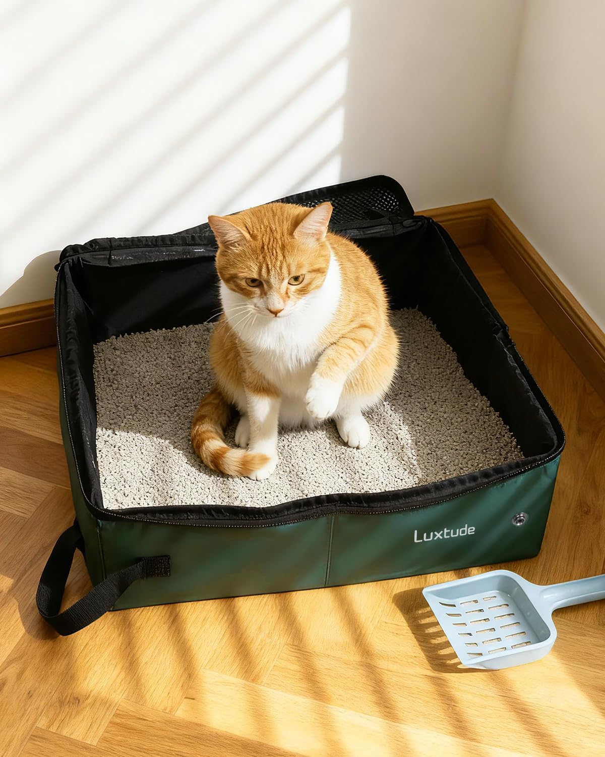 Luxtude Portable Travel Litter Box for Cats, Large Collapsible Litter Box with Lid for Odor Control, Waterproof and Easy Clean, No Smell, No Leakage for Car Road Trip, Hotel Room(Green, Large)