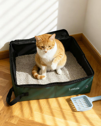 Luxtude Portable Travel Litter Box for Cats, Large Collapsible Litter Box with Lid for Odor Control, Waterproof and Easy Clean, No Smell, No Leakage for Car Road Trip, Hotel Room(Green, Large)