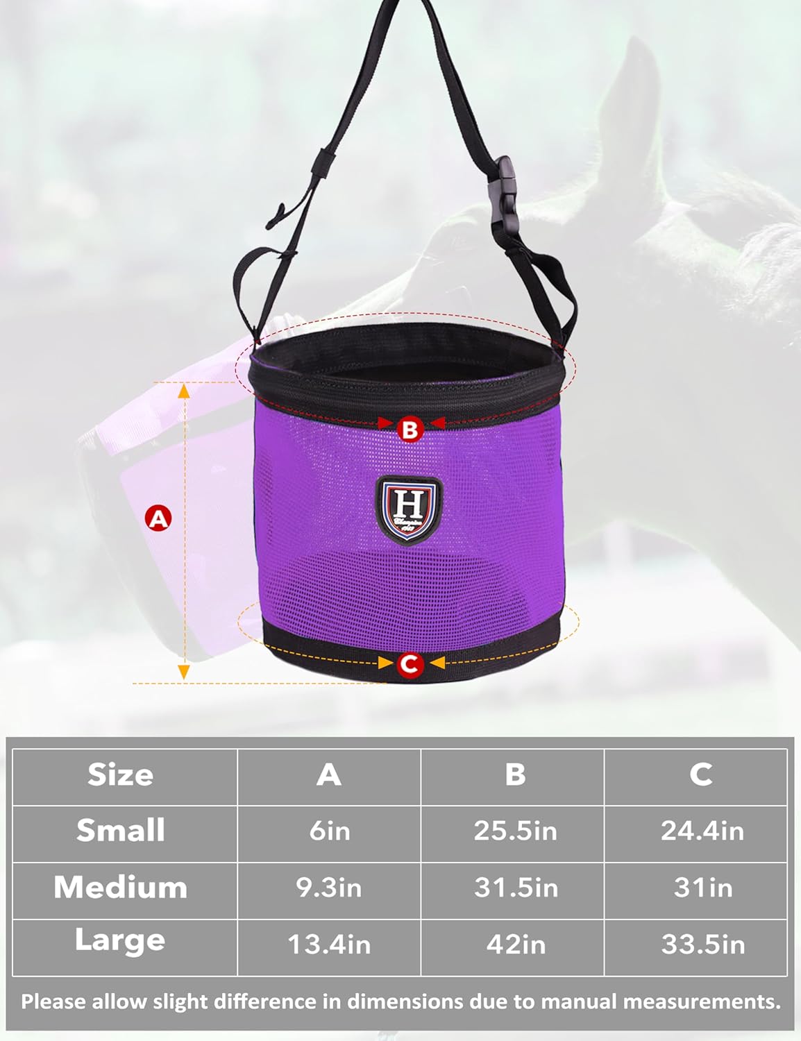 Harrison Howard Horse Muzzle Feed Bag Nylon Mesh Grain Feed Bag with Padded Neck Strap Adjustable Belt Purple Large