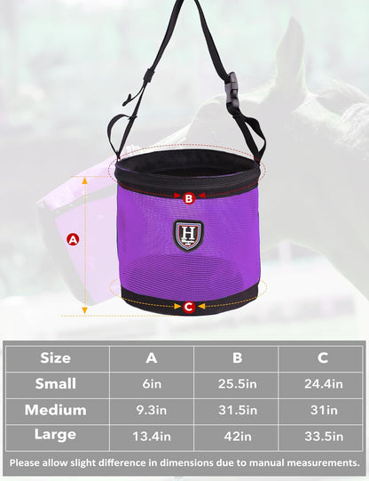 Harrison Howard Horse Muzzle Feed Bag Nylon Mesh Grain Feed Bag with Padded Neck Strap Adjustable Belt Purple Large