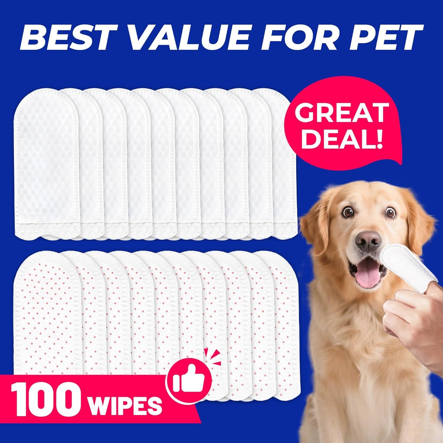 Wellix 100 Count Dog Teeth Cleaning Wipes for Dogs & Cats - Natural Formula Dental Care Finger Wipes Reduces Dog Plaque, Tartar & Bad Breath - No-Rinse Disposable Dog Dental Wipes