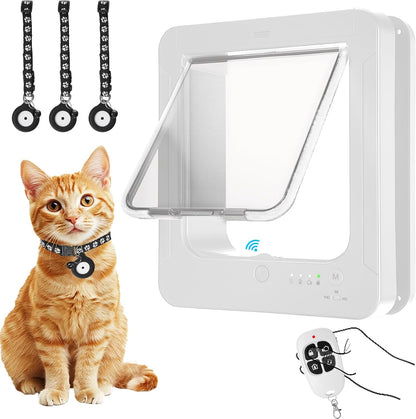 Smart Cat Door with 3 Collar Sensor, RFID Cat Door Collar Activated with Remote Control, 4 Way Locking Cat Flap Automatic Pet Door (White)