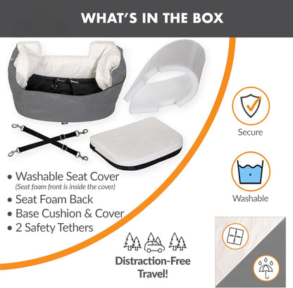 K&H Pet Products Bucket Booster Dog Car Seat, Seat Belt Secured, 2 Safety Leashes, Washable Covers, Sturdy Dog & Cat Booster Seat, Carriers for Small to Medium Pets - Large Gray/Cream