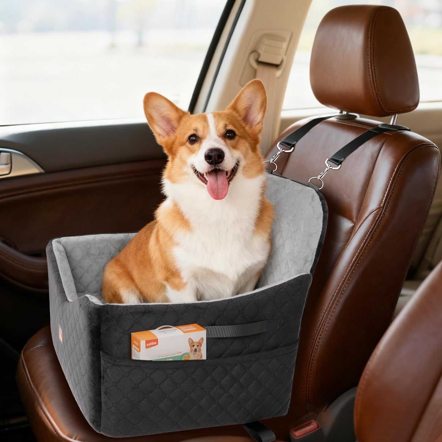 Dog Car Seat for Small/Medium Dogs Up to 35lbs, Pet Booster CarSeat with Thick Cushion, Detachable Washable Pet Car Bed with Storage Pockets, 2 Safety Belts (Grey)