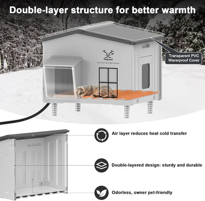 Large Plastic Heated Cat House for Outside in Winter, 100% Weatherproof & Insulated Outdoor Heated Cat House with Safe Escape Door, Elevated Feral Cats Shelter for Barn Cats 21.6"x17"x19.7"
