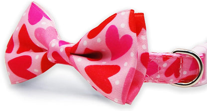 Valentine Dog Collar with Bow Tie, Holiday Quick-Release Red and Pink Heart with White Polka Dots Pattern for Small Medium Large Pets Puppies