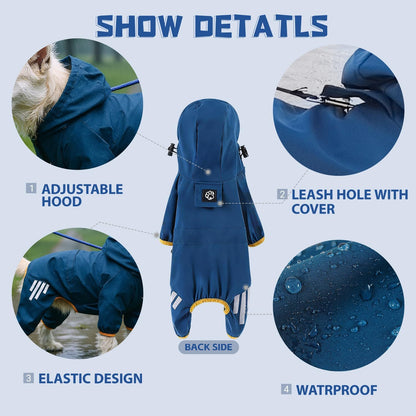 Dog rain Coat with Leash Hole and Reflective Strap - Adjustable Drawstring for Small Medium Dogs - Full-Body Coverage Water Resistant Jacket (Blue, Large)