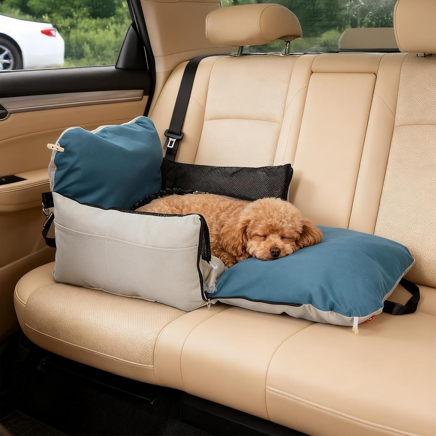 Ownpets Dog Car Seat for Small/Medium Dogs - Waterproof& Scratch-Resistant Dog Bed Car Seat, with Clip-On Safety Leash and Memory Foam Elevated Cushion,Up to 30lbs