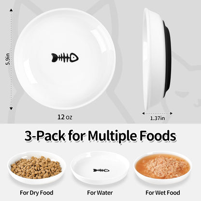 Cat Food Bowls, Whisker Friendly Ceramic Cats Bowls with Nonslip Silicone Base, Pack of 6 Quiet Dishes and Plates for Feeding Indoor Cats, Kittens and Small Dogs(Fishbone+Cat Paw,Shallower)