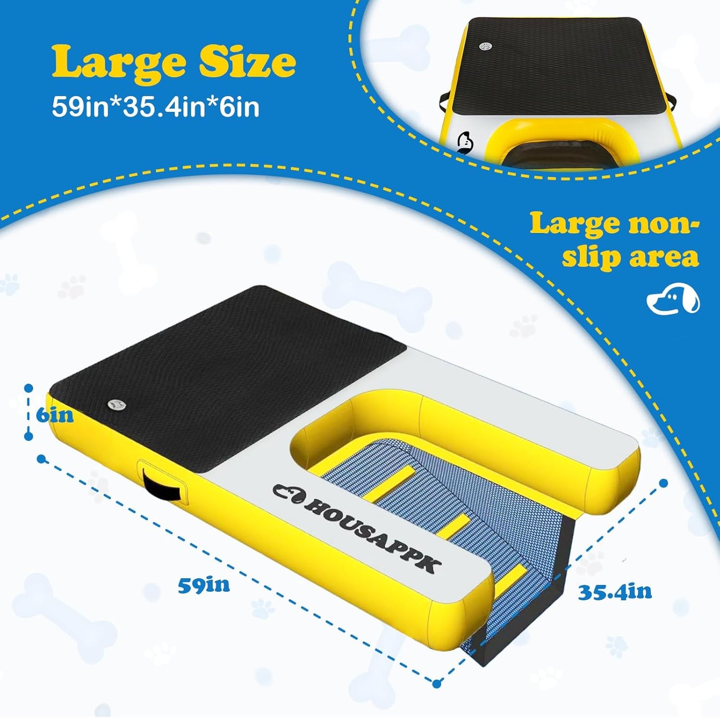 Dog Pool Ramp,Lengthen,59 × 35.4 Inches Non Slip,Non Puncture Dog On Water Ramp with Ladder for Boats, Pool，Docks,Max Load 265 Lbs for Large DogsClimb Out of The Water