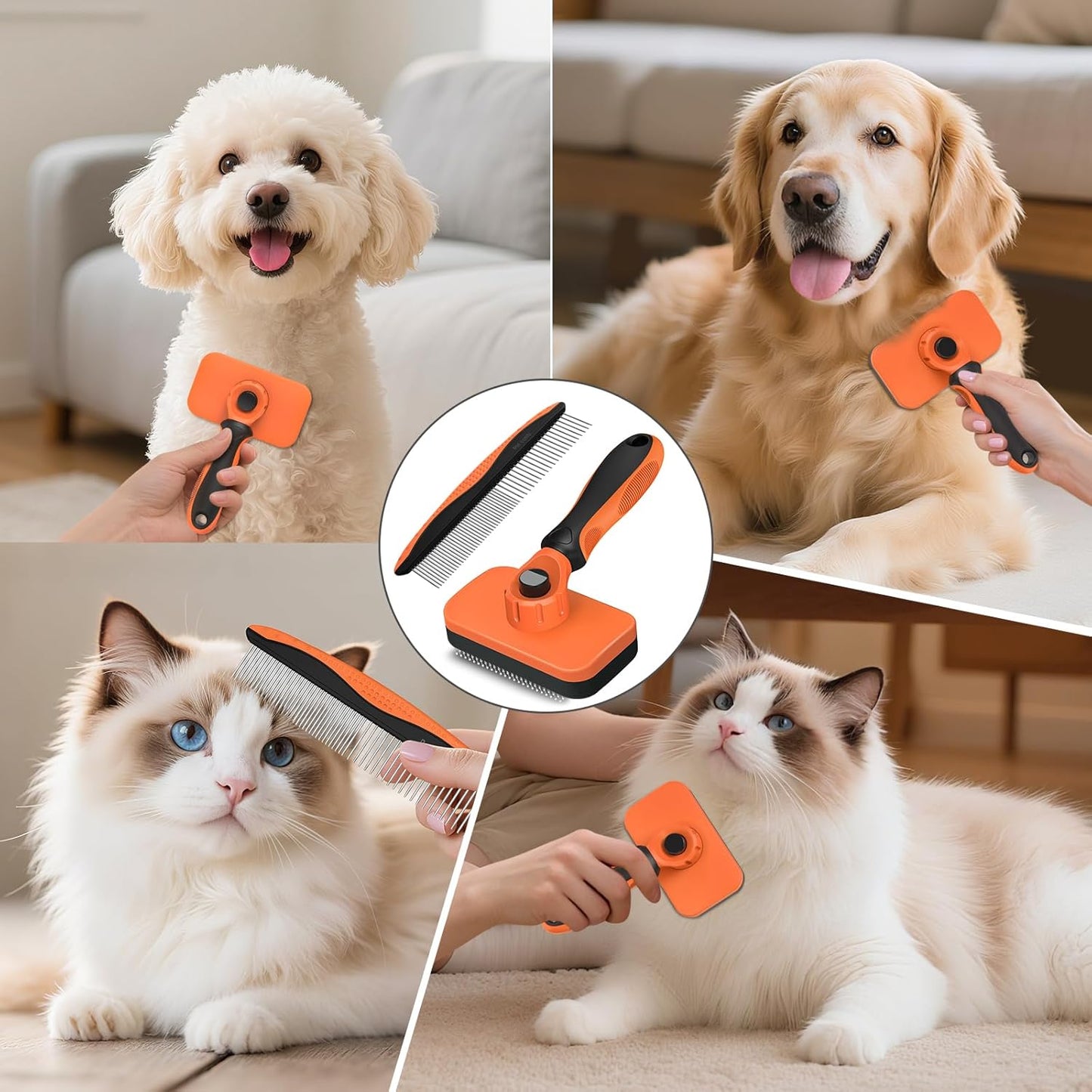 2PCS Self Cleaning Slicker Brush & Dog Comb - Skin Friendly Deshedding Grooming Tool for Dogs, Cats and Small Animals, Professional Deshedding Dematting Tool for Long and Short Haired Pets (Orange)