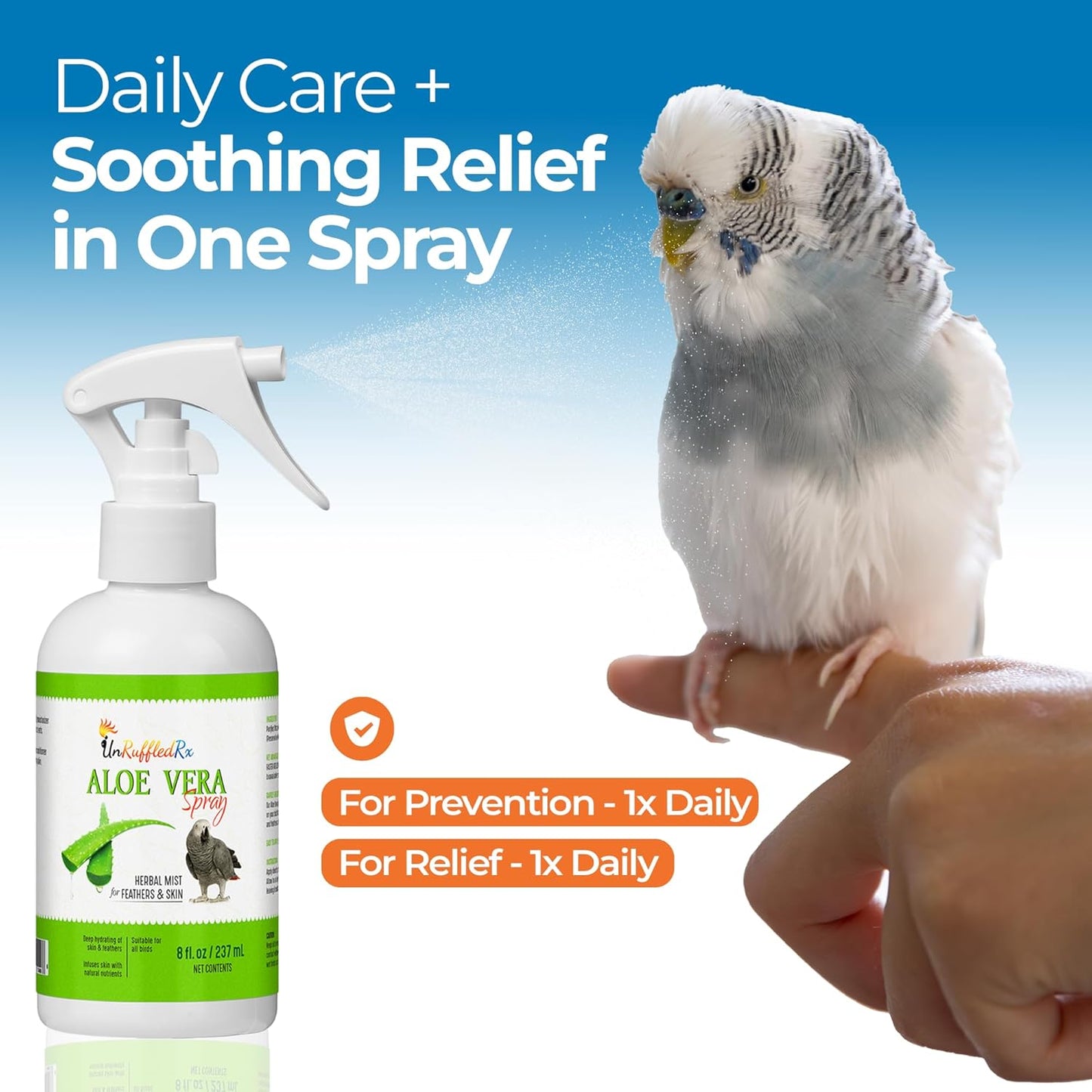 Aloe Vera Bird Spray for All Birds – Soothes Itchy Skin & Feather Plucking – 8oz Odor-Free Mist, Safe if Ingested, Daily Use Bird Mist, Softens Feathers, Natural Formula – Made in USA by UnRuffledRx™