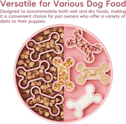 Silicone Slow Feeder Dog Bowl – Pink Bone Pattern | Food-Grade Non-Slip Dog Dish for Anti-Bloat, Fast Eating Prevention, 7.5” x 1.5”, Dishwasher Safe