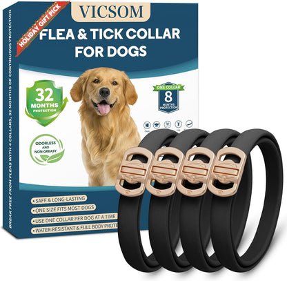 Flea and Tick Collar for Dogs 4 Pack, 32 Months Prevention, Waterproof, Adjustable for Small Medium Large Dogs Puppies (Black)