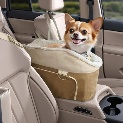 Dog Car Seat for Small Dogs Booster Seat Under 30lbs Pet Car Seat Travel Bed with Storage Pockets and Dog Safety Belt, Frosted-Velvet, Brown