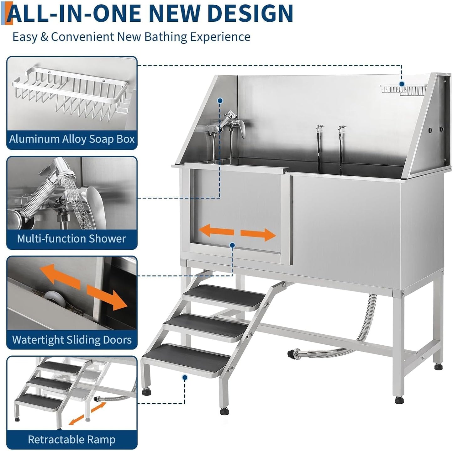 62" Pet Dog Bathing Station with Ramp, Professional Stainless Steel Dog Grooming Tub with Soap Box, Faucet, Dog Bathtub for Large,Medium,Small Pets, Washing Sink for Home