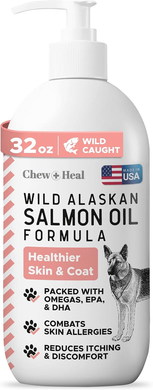 Wild Alaskan Salmon Fish Oil for Dogs - 32 oz. of Fish Oil Formula - Pump Cap Bottle - Contains Omega-3 and 6, Vitamin D, EPA, and DHA for Healthy Skin and Coat