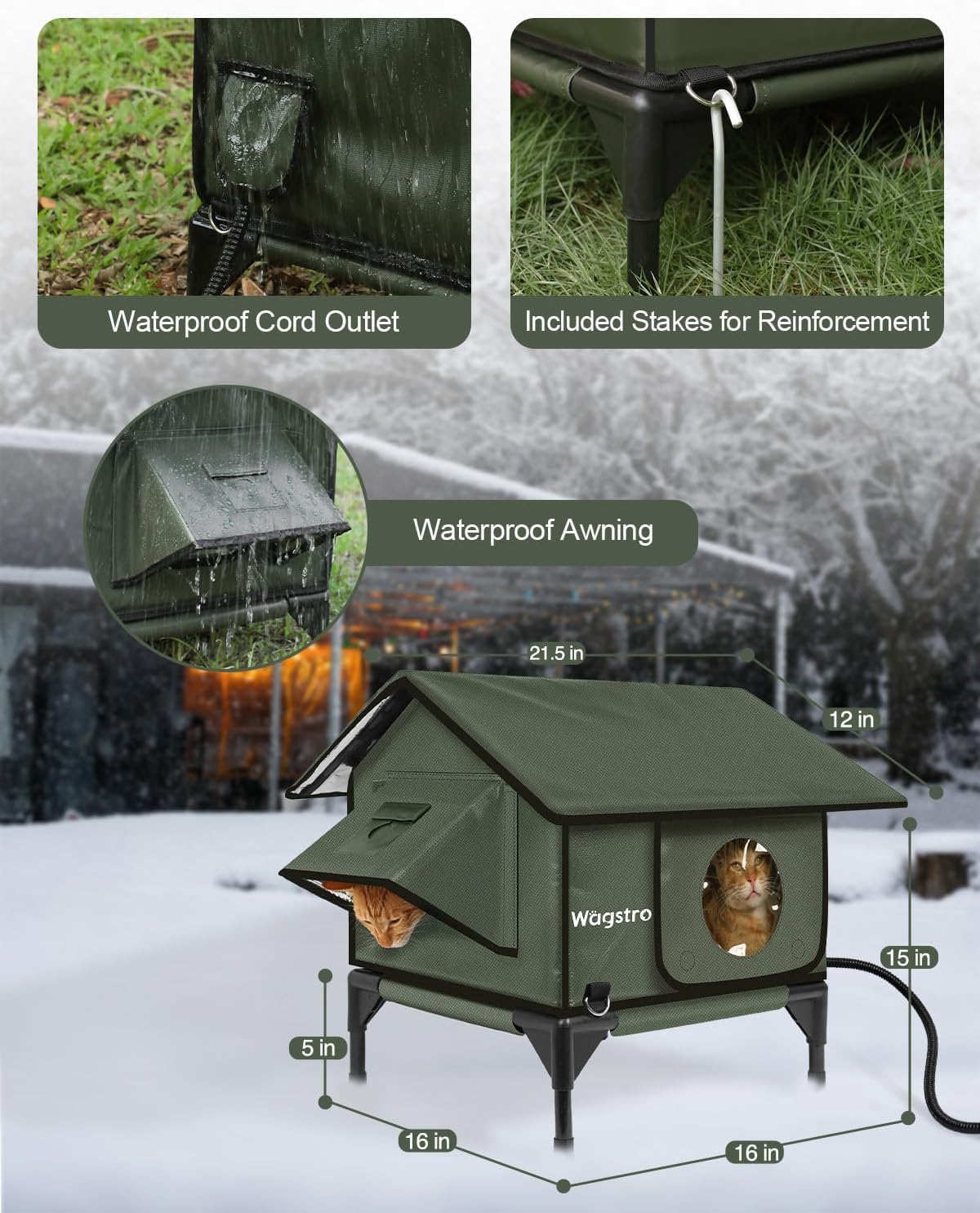 Gable Heated Cat House for Outside Cats in Winter, 100% Waterproof, Escape Door, Elevated, Insulated Outdoor Cat House Shelter with Heater for Feral Cat (Olive Green, 16"x16"x19")