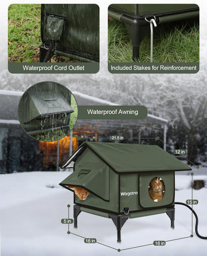 Gable Heated Cat House for Outside Cats in Winter, 100% Waterproof, Escape Door, Elevated, Insulated Outdoor Cat House Shelter with Heater for Feral Cat (Olive Green, 16"x16"x19")