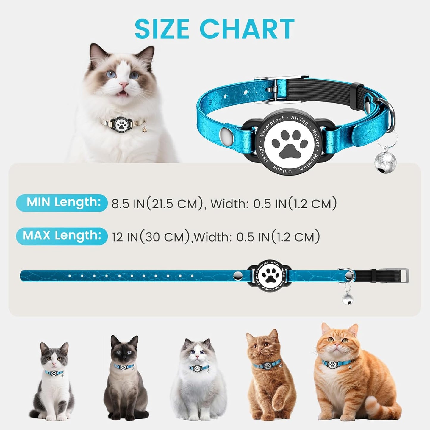 Leather Airtag Cat Collar - Waterproof Cat Collar AirTag Holder with Metal Buckle | Comfortable, Glossy Cats Tracker Collars with Bell for Girl Boy Cats, Kittens, and Puppies (Blue)