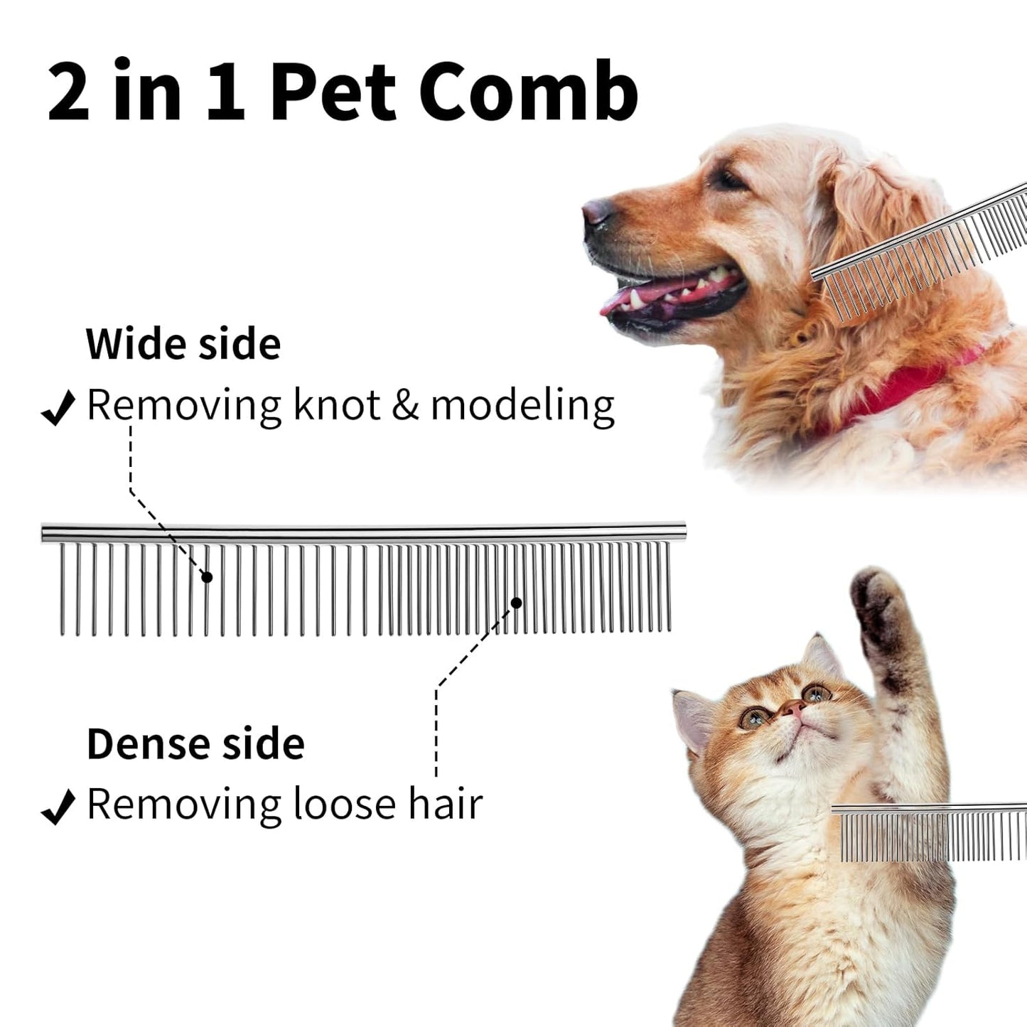 2PCS Dog and Cat Brush, Stainless Steel Pets Grooming Comb Kit, Detangler Deshedding Brush, Metal Knots Hair Remover 6.4" 7.5"