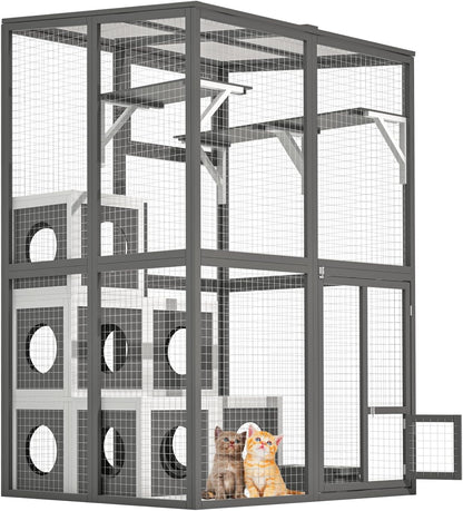 Outdoor Wooden Cat Large Solid Wood Cat Cage Playpen with 2 Jumping Platforms & 7 Napping Houses, Walk-in Cat Kennel Condo Shelter, Grey Weather-Resistant Outdoor Lawn